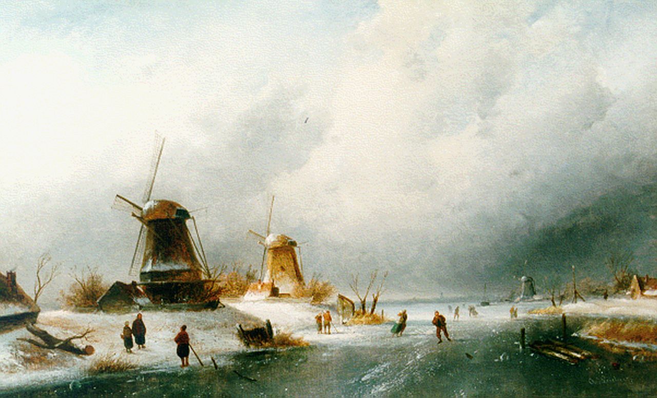 Leickert C.H.J.  | 'Charles' Henri Joseph Leickert, Figures skating on the ice, oil on canvas 61.0 x 99.5 cm, signed l.r.