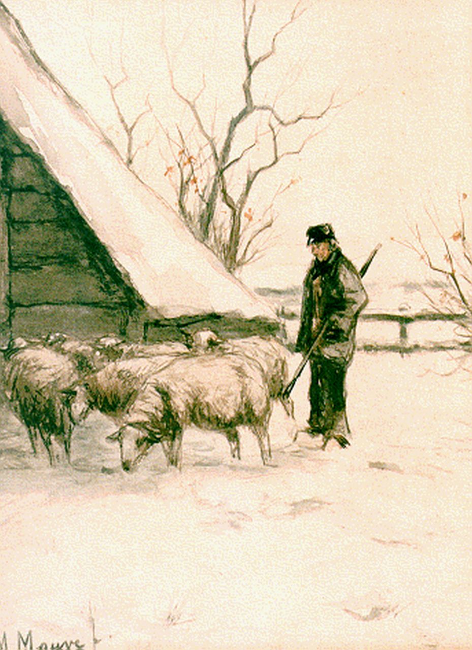 Mauve A.  | Anthonij 'Anton' Mauve, A shepherd and flock in a snow-covered landscape, watercolour on paper 18.0 x 23.3 cm, signed l.l.