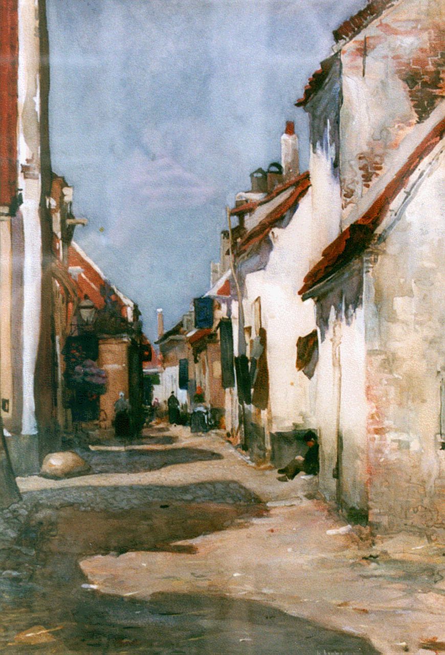 Arntzenius P.F.N.J.  | Pieter Florentius Nicolaas Jacobus 'Floris' Arntzenius, A sunlit street, Elburg, watercolour on paper 42.8 x 29.8 cm, signed l.r.