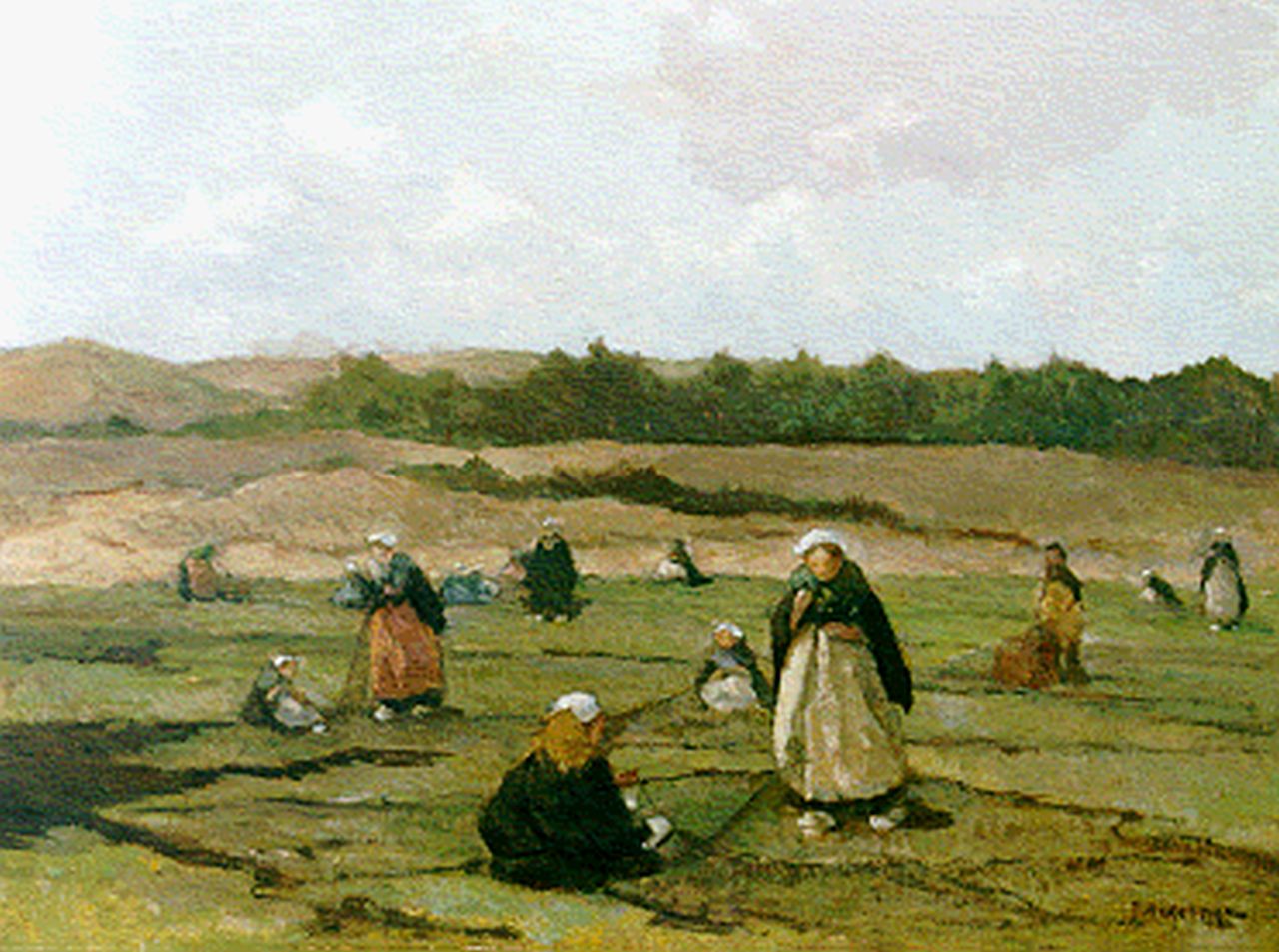 Akkeringa J.E.H.  | 'Johannes Evert' Hendrik Akkeringa, Mending the nets in the dunes, oil on canvas 40.3 x 50.4 cm, signed l.r.