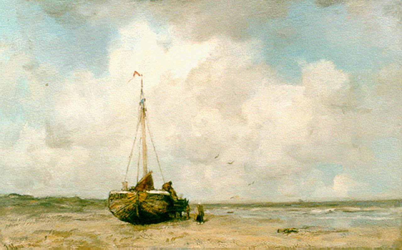Maris J.H.  | Jacobus Hendricus 'Jacob' Maris, 'Bomschuit' on the beach of Scheveningen, oil on canvas 50.0 x 79.2 cm, signed l.l.