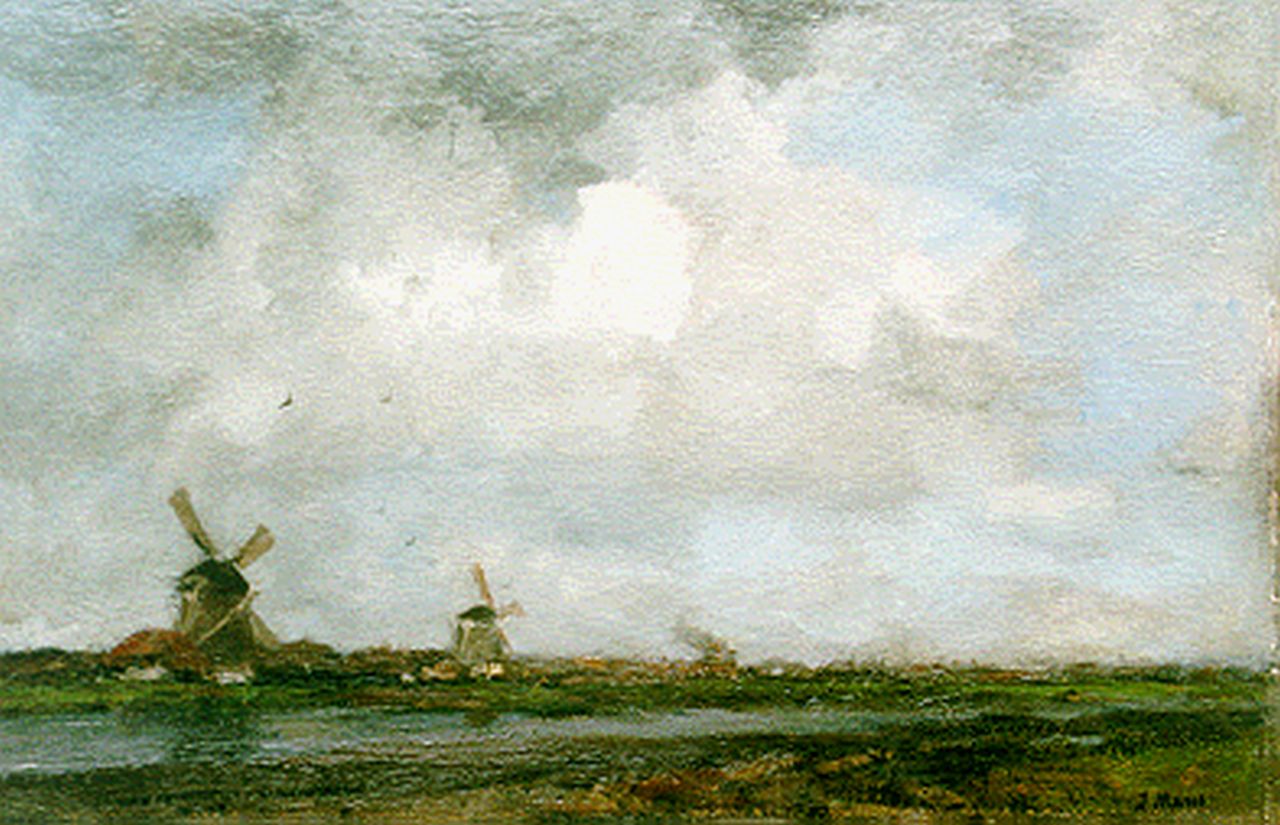 Maris J.H.  | Jacobus Hendricus 'Jacob' Maris, Windmills along a canal near Leiden, oil on canvas 32.3 x 49.5 cm, signed l.r.