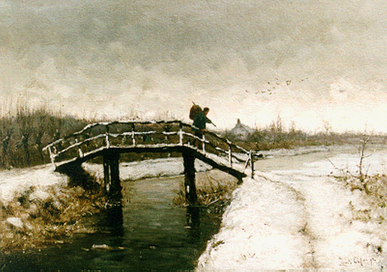 Apol L.F.H.  | Lodewijk Franciscus Hendrik 'Louis' Apol, A traveller on a draw-bridge in a winter landscape, oil on canvas 35.5 x 50.2 cm, signed l.r. and painted ca. 1880