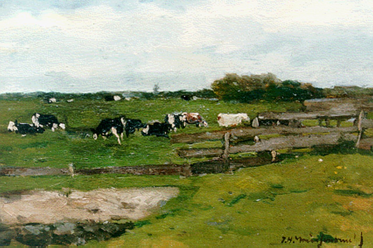 Weissenbruch H.J.  | Hendrik Johannes 'J.H.' Weissenbruch, A summer landscape with cows grazing, oil on canvas laid down on painter's board 17.5 x 24.5 cm, signed l.r.