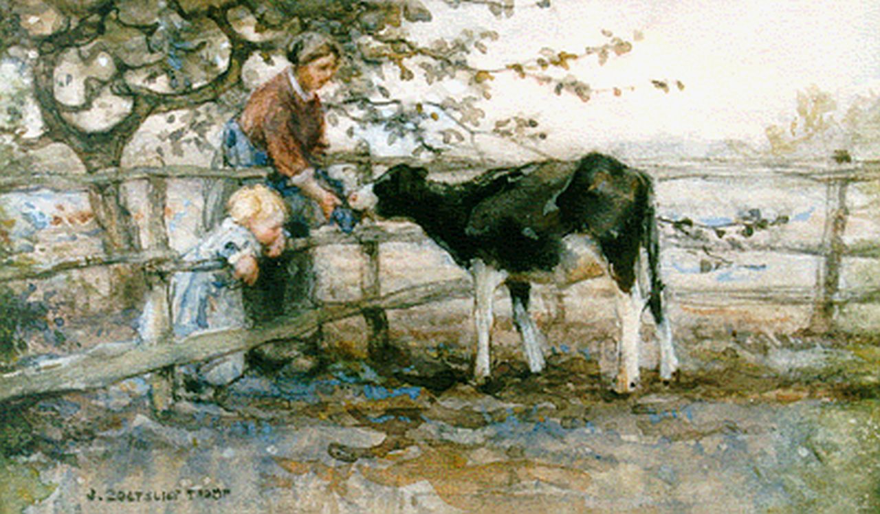 Zoetelief Tromp J.  | Johannes 'Jan' Zoetelief Tromp, Feeding a calf, watercolour and gouache on paper 18.3 x 28.5 cm, signed l.l.