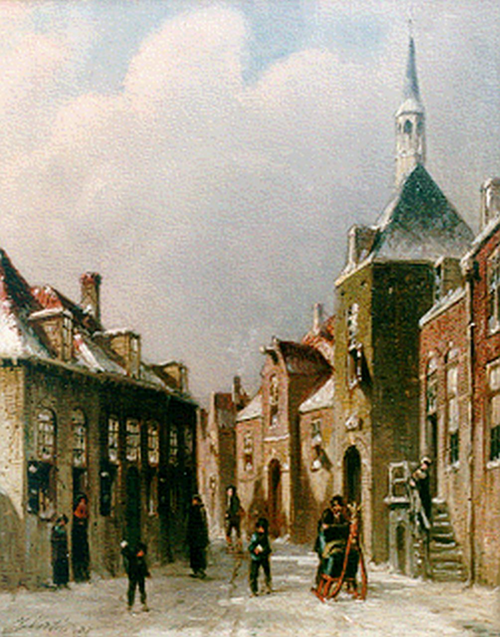 Vertin P.G.  | Petrus Gerardus Vertin, Townsfolk in a street in winter, oil on panel 24.0 x 19.4 cm, signed l.l. and dated '87