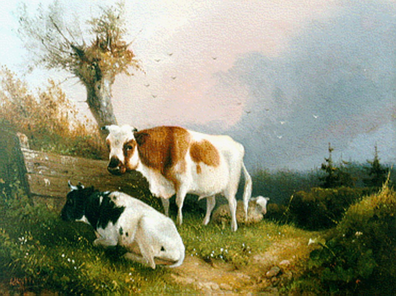 Knip A.  | Augustus 'August' Knip, Cattle near a willow, oil on panel 15.0 x 19.8 cm, signed l.l.