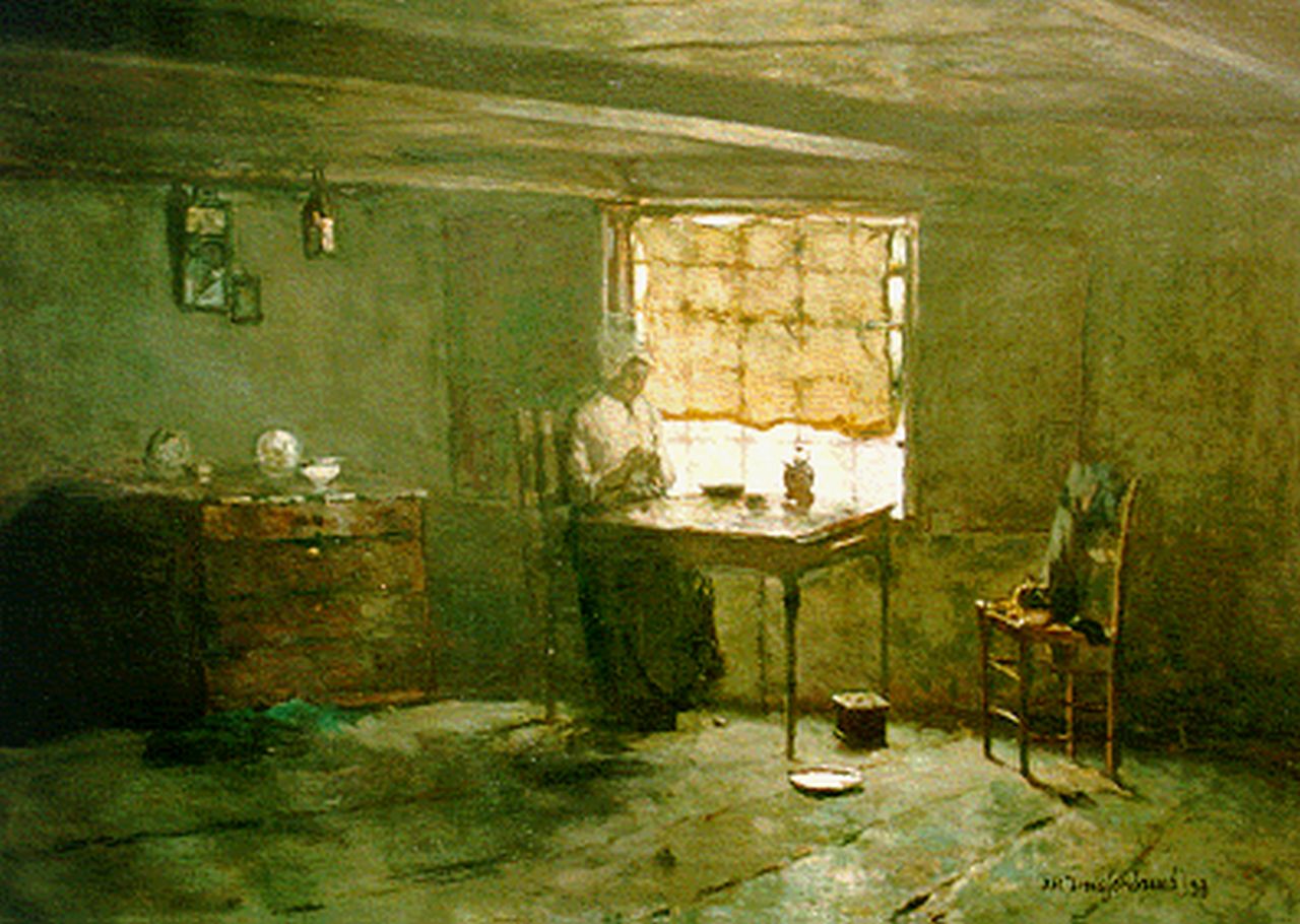 Weissenbruch H.J.  | Hendrik Johannes 'J.H.' Weissenbruch, Interior with 'Vrouwtje Waaiman', Noorden, oil on canvas 72.2 x 102.2 cm, signed l.r. and dated '93