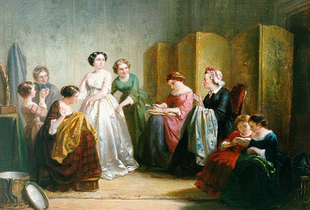 Reijntjens H.E.  | Henricus Engelbertus Reijntjens, Fitting the wedding dress, oil on panel 26.7 x 38.5 cm, signed l.l. and dated 1863