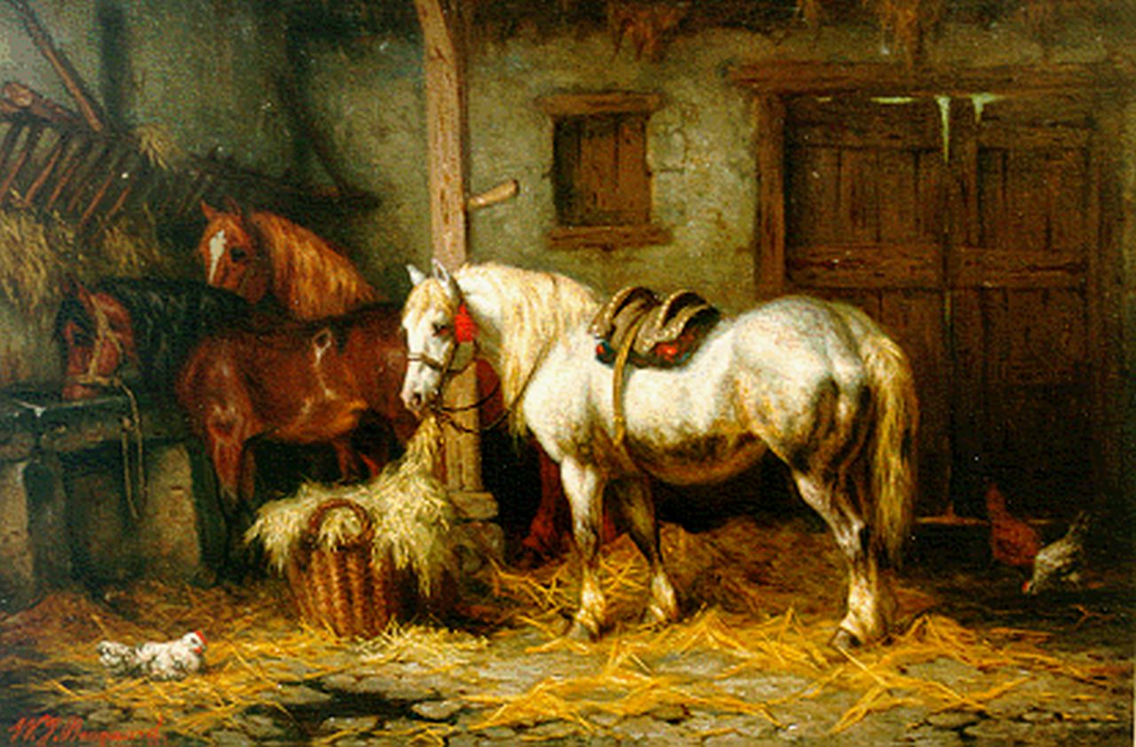 Boogaard W.J.  | Willem Johan Boogaard, Three horses in a stable, oil on panel 26.8 x 39.9 cm, signed l.l. and dated 1881