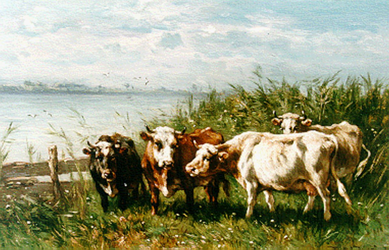 Haas J.H.L. de | Johannes Hubertus Leonardus de Haas, Cows on the Riverbank, oil on panel 30.9 x 46.9 cm, signed l.r.