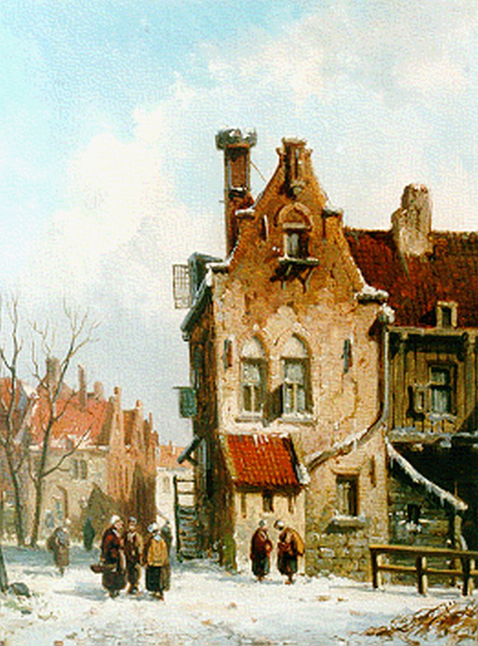 Eversen A.  | Adrianus Eversen, Dailiy activities in a Dutch town in winter, oil on panel 18.4 x 13.8 cm, signed l.l. with monogram