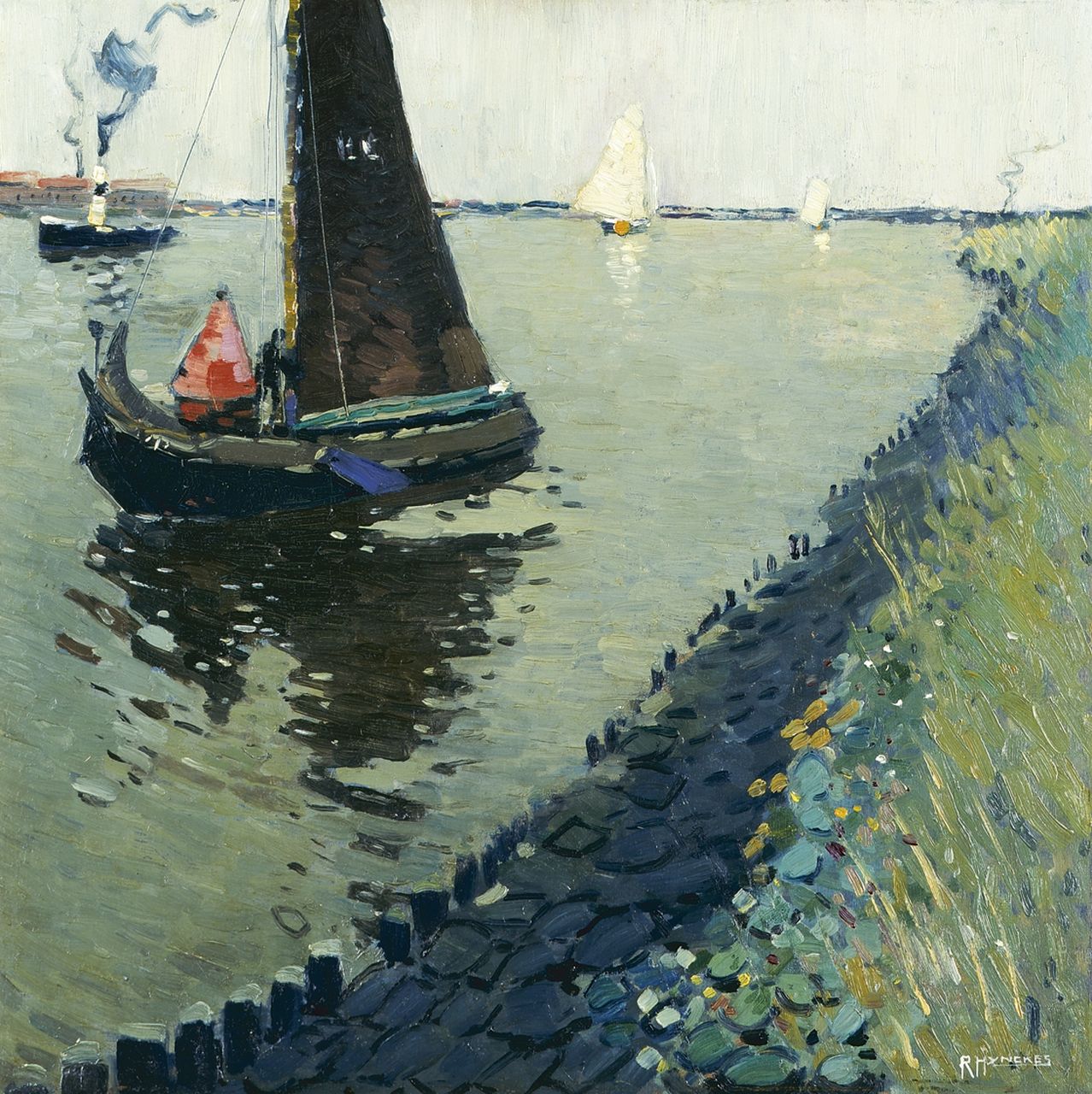 Hynckes R.  | Raoul Hynckes, A fishing boat on the Zuiderzee, 54.8 x 55.0 cm, signed l.r. and painted between 1912-1916