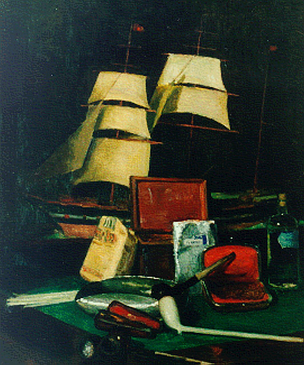 Peizel B.  | Bartele 'Bart' Peizel, Still life with model ship, oil on canvas 60.0 x 50.2 cm, signed l.l. and on the reverse