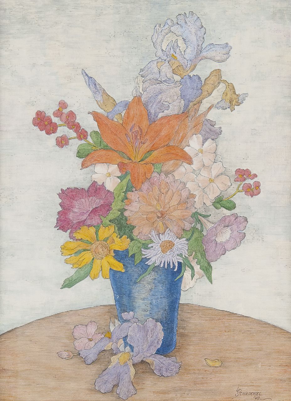 Schrikkel J.L.  | Johannes Lodewijk 'Louis' Schrikkel, Flower still life, coloured pencil on paper 40.0 x 26.5 cm, signed l.r. and dated '48