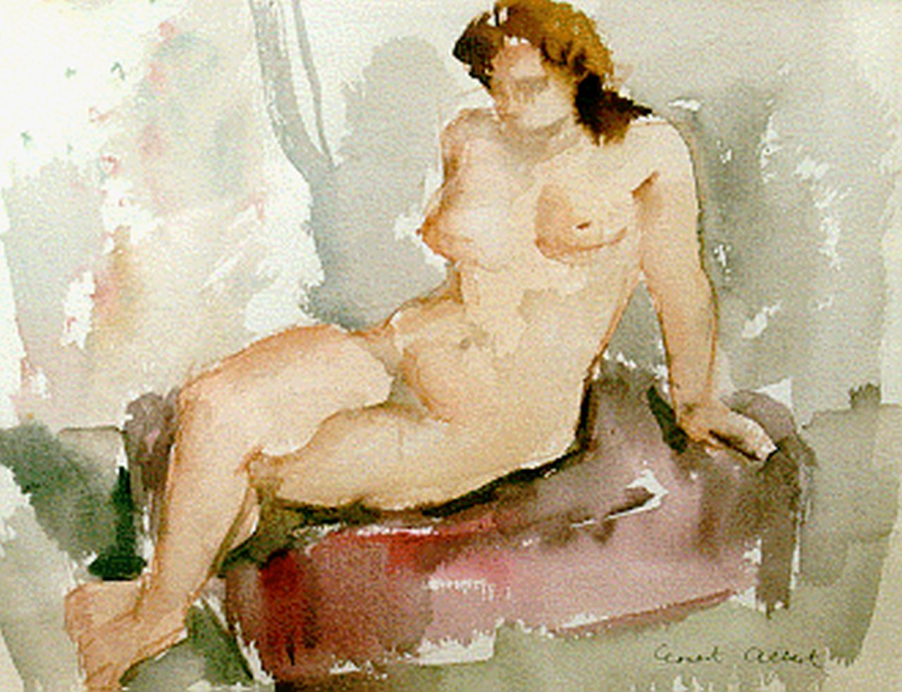 Albert E.  | Ernest Albert, A seated nude, watercolour on paper 25.5 x 32.0 cm, signed l.r.