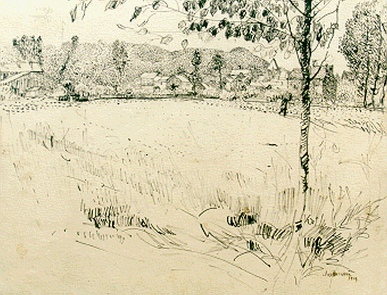 Raphael J.  | Joseph Raphael, View of a Belgian village (Ukkel), Indian ink on paper 54.0 x 78.8 cm, signed l.r. and dated 1914