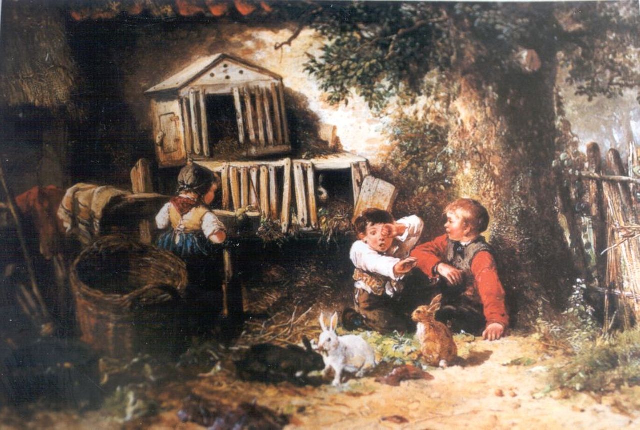 Kate J.M.H. ten | Johan 'Mari' Henri ten Kate, Feeding the rabbits, oil on panel