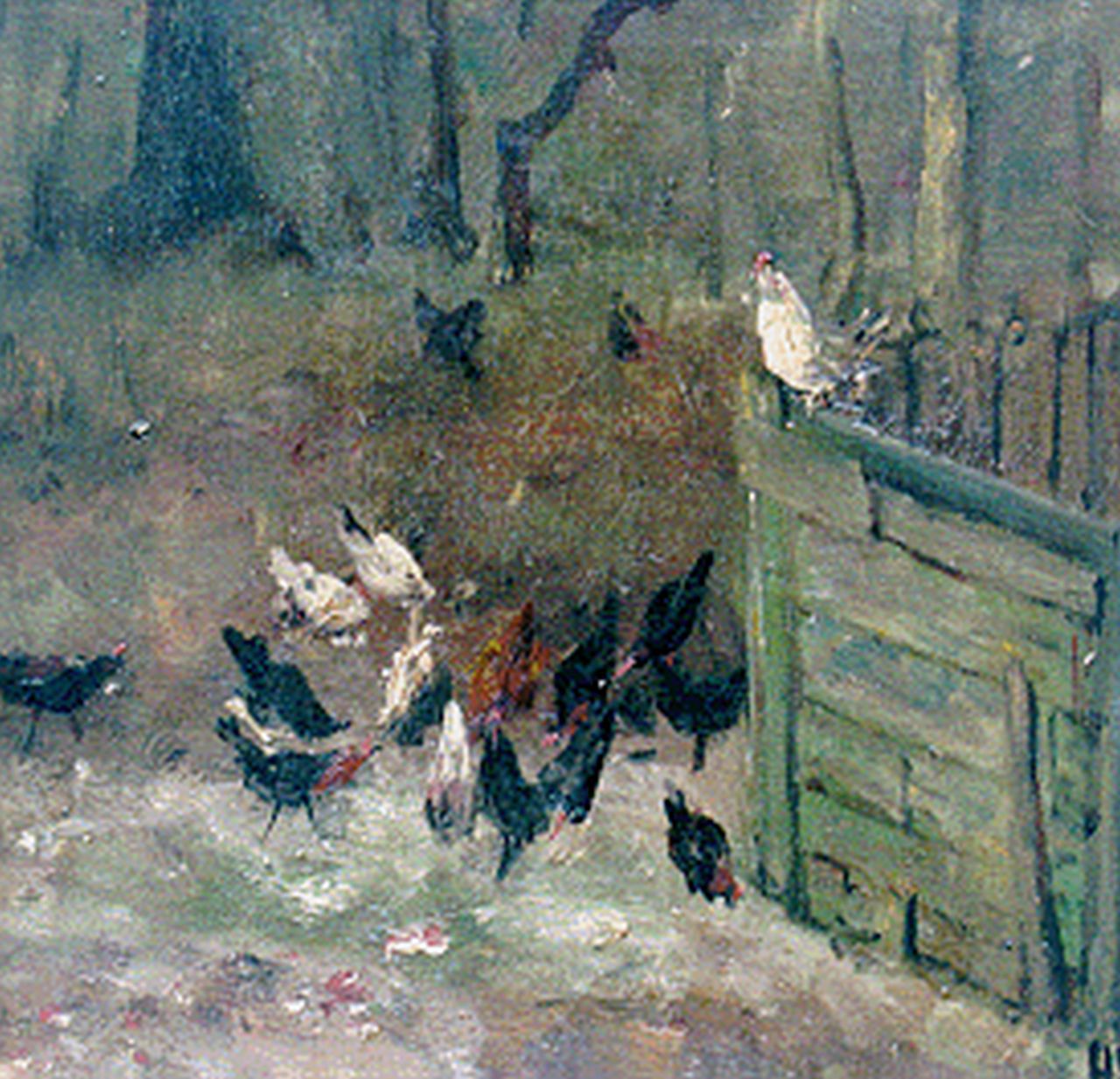 Mesdag H.W.  | Hendrik Willem Mesdag, Chickens on a farmyard, 21.2 x 21.6 cm, signed l.r. with initials