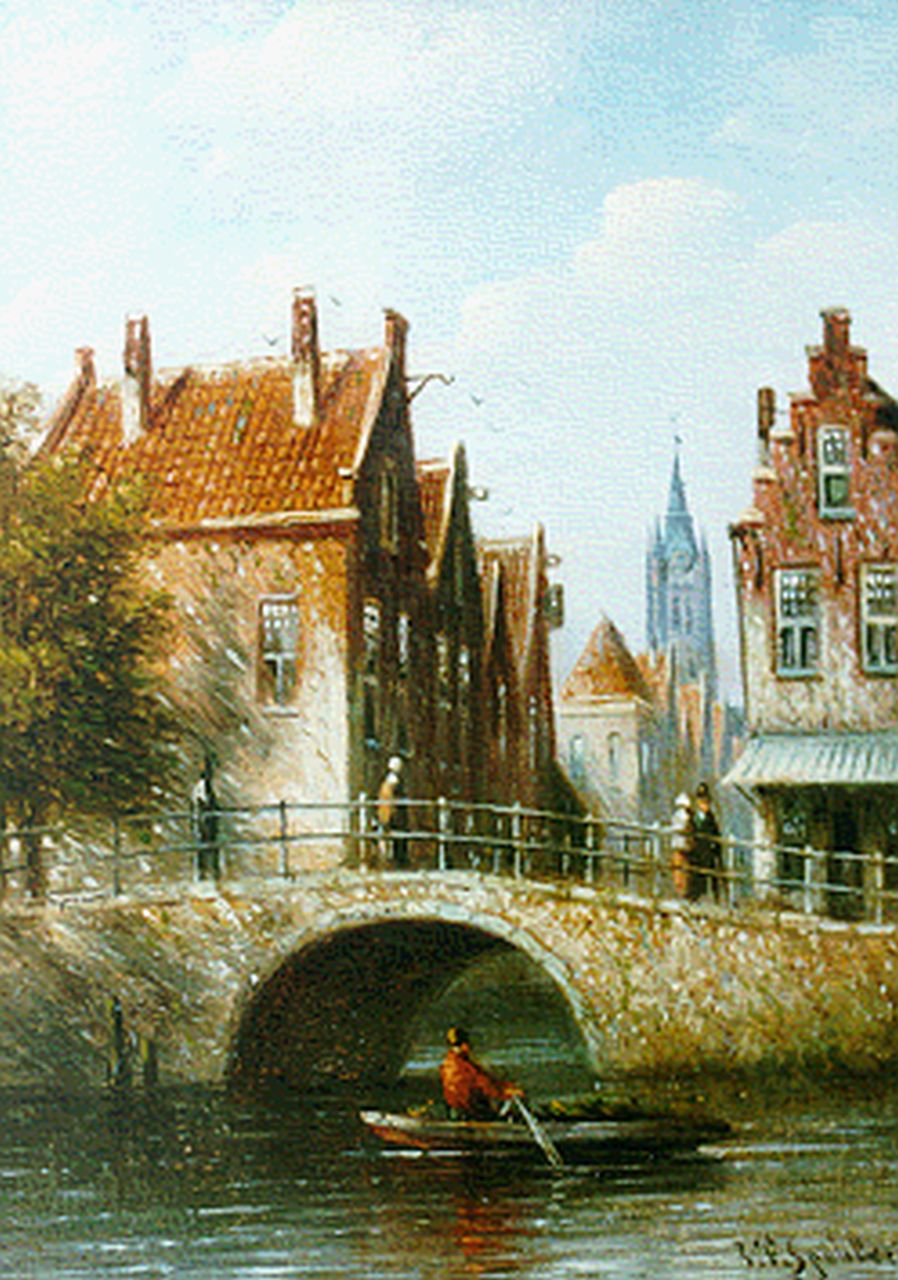 Spohler J.F.  | Johannes Franciscus Spohler, Delft in summer, oil on panel 12.0 x 8.7 cm, signed l.r.