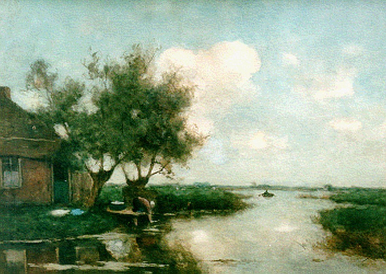 Bauffe V.  | Victor Bauffe, A washerwoman in a polder landscape, watercolour on paper 48.6 x 67.5 cm, signed l.r.