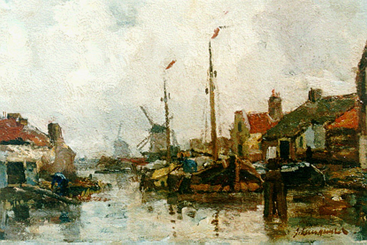 Langeveld F.A.  | Franciscus Arnoldus 'Frans' Langeveld, Moored boats, Gouda, oil on canvas 24.8 x 32.5 cm, signed l.r.