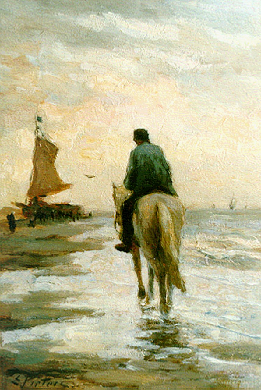 Pieters E.  | Evert Pieters, A horseman on the beach, Katwijk, oil on panel 30.0 x 20.5 cm, signed l.l.