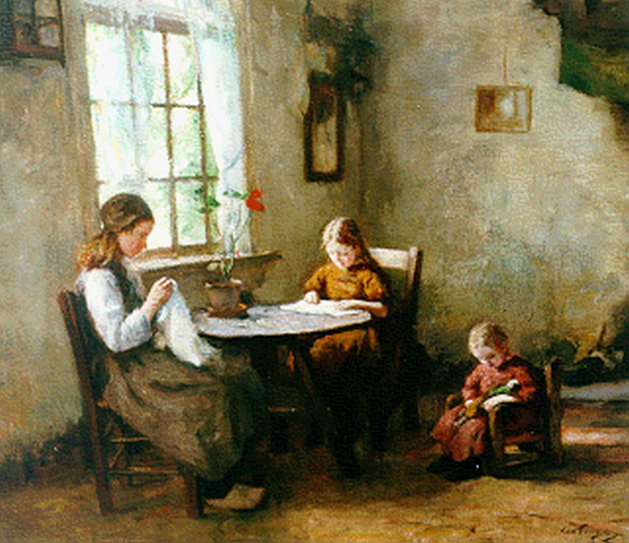 Tonge L.L. van der | 'Lammert' Leire van der Tonge, Interior with children, oil on canvas 60.0 x 70.3 cm, signed l.r.