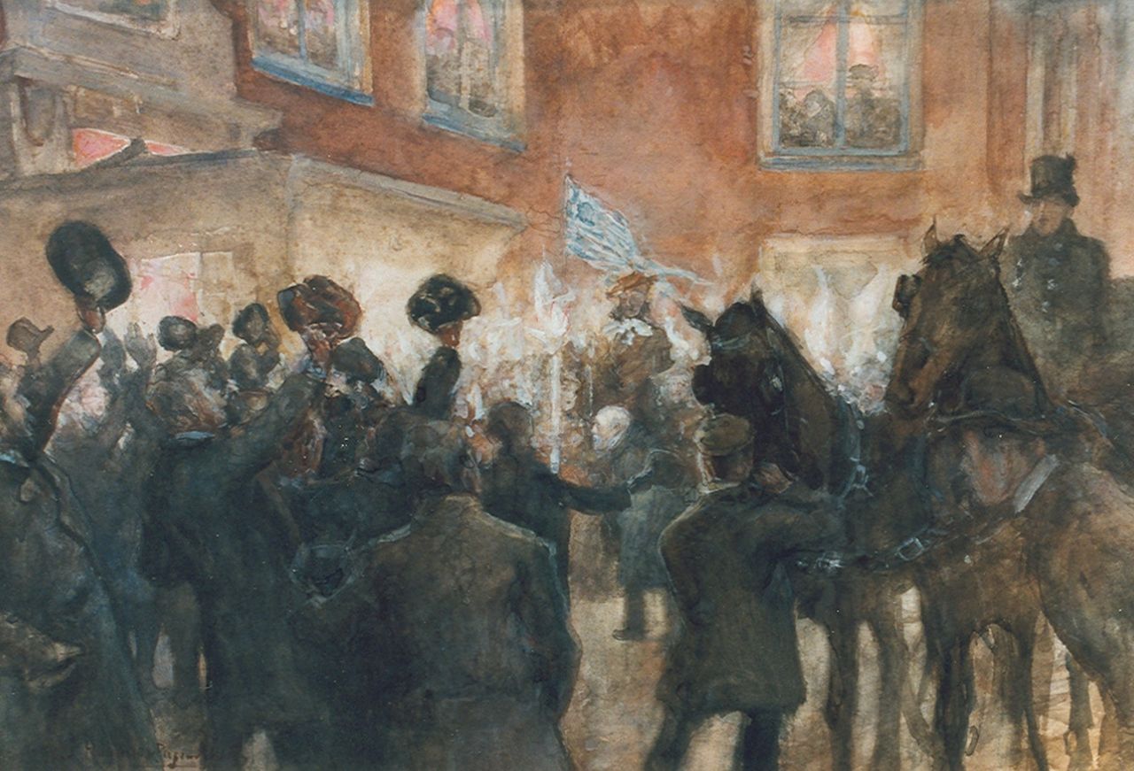 Hoynck van Papendrecht J.  | Jan Hoynck van Papendrecht, Celebrating Jozef Israels in the Pulchri Studio, watercolour on paper 42.0 x 62.2 cm, signed l.l.