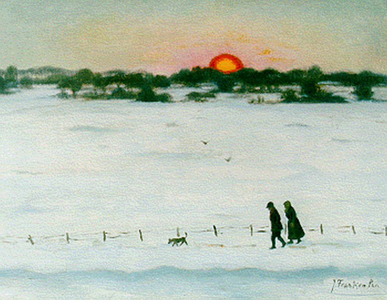 Franken J.P.J.  | Joannes Petrus Josephus 'Jan' Franken, Strollers in a snow-covered landscape, oil on canvas 35.3 x 45.3 cm, signed l.r.