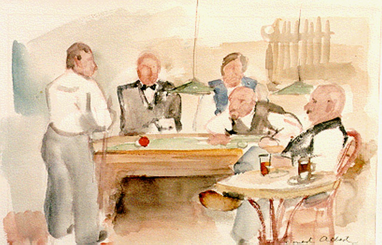 Albert E.  | Ernest Albert, A game of billiards, watercolour on paper 23.5 x 35.0 cm, signed l.r.