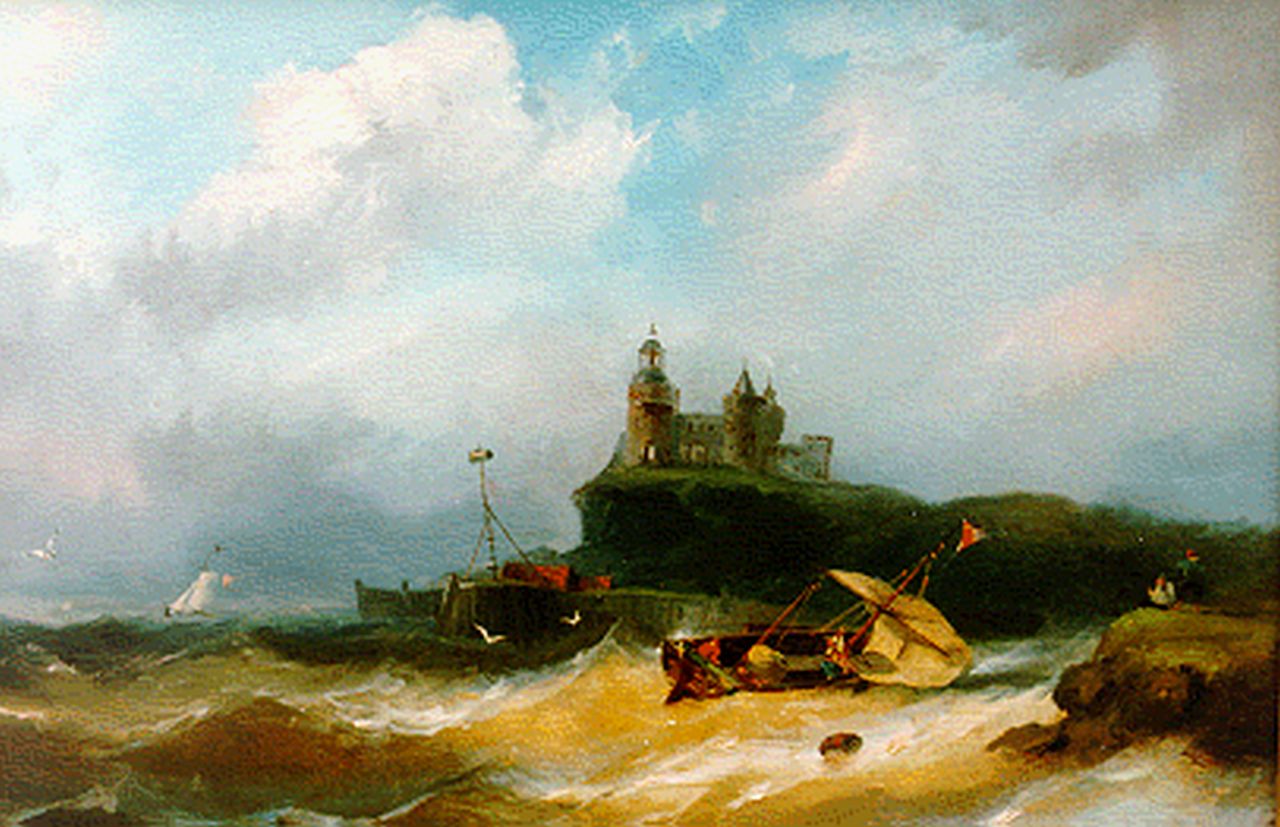 Hilleveld A.D.  | Adrianus David Hilleveld, Woelige zee met burcht op een landtong, oil on panel 24.8 x 38.2 cm, gesigneerd linksonder