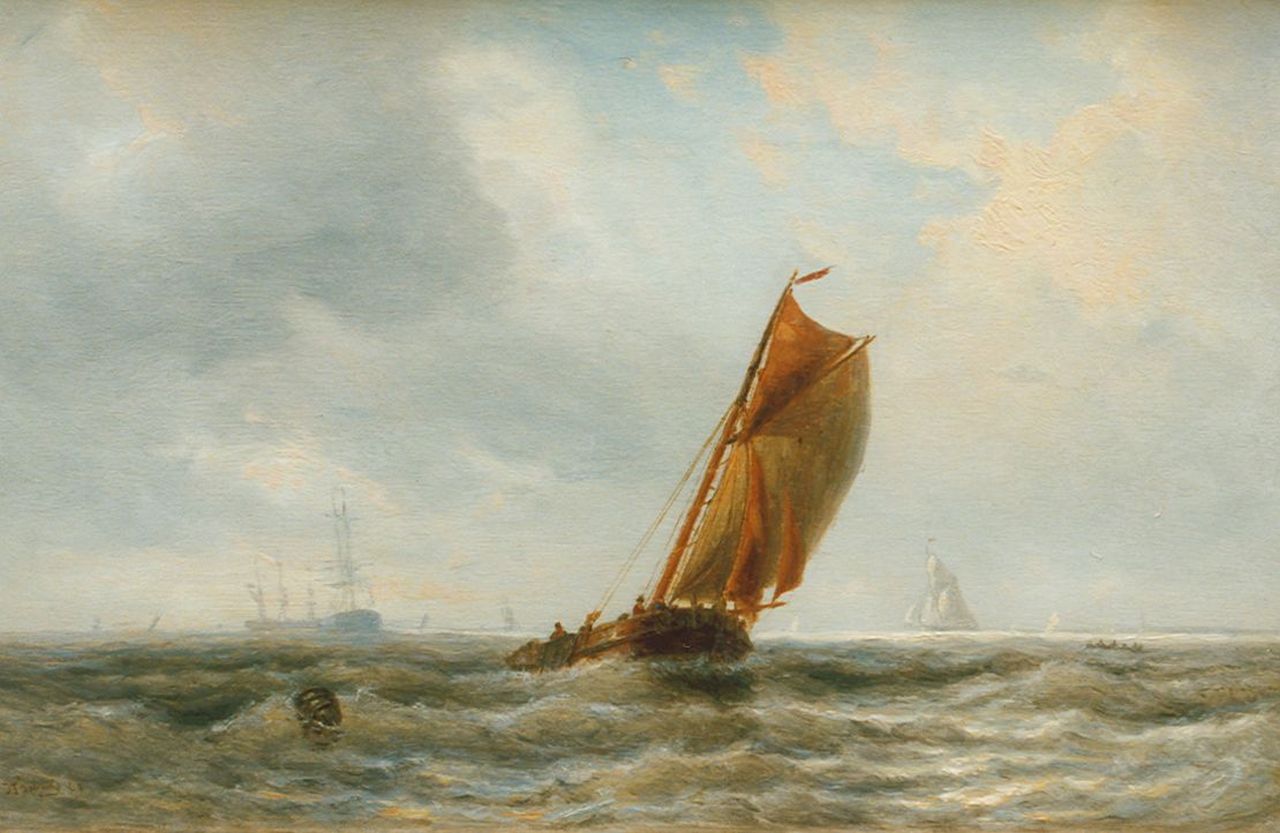 Schütz J.F.  | Jan Frederik Schütz, Shipping on choppy waters, oil on panel 19.7 x 30.6 cm, signed l.l. and dated '63