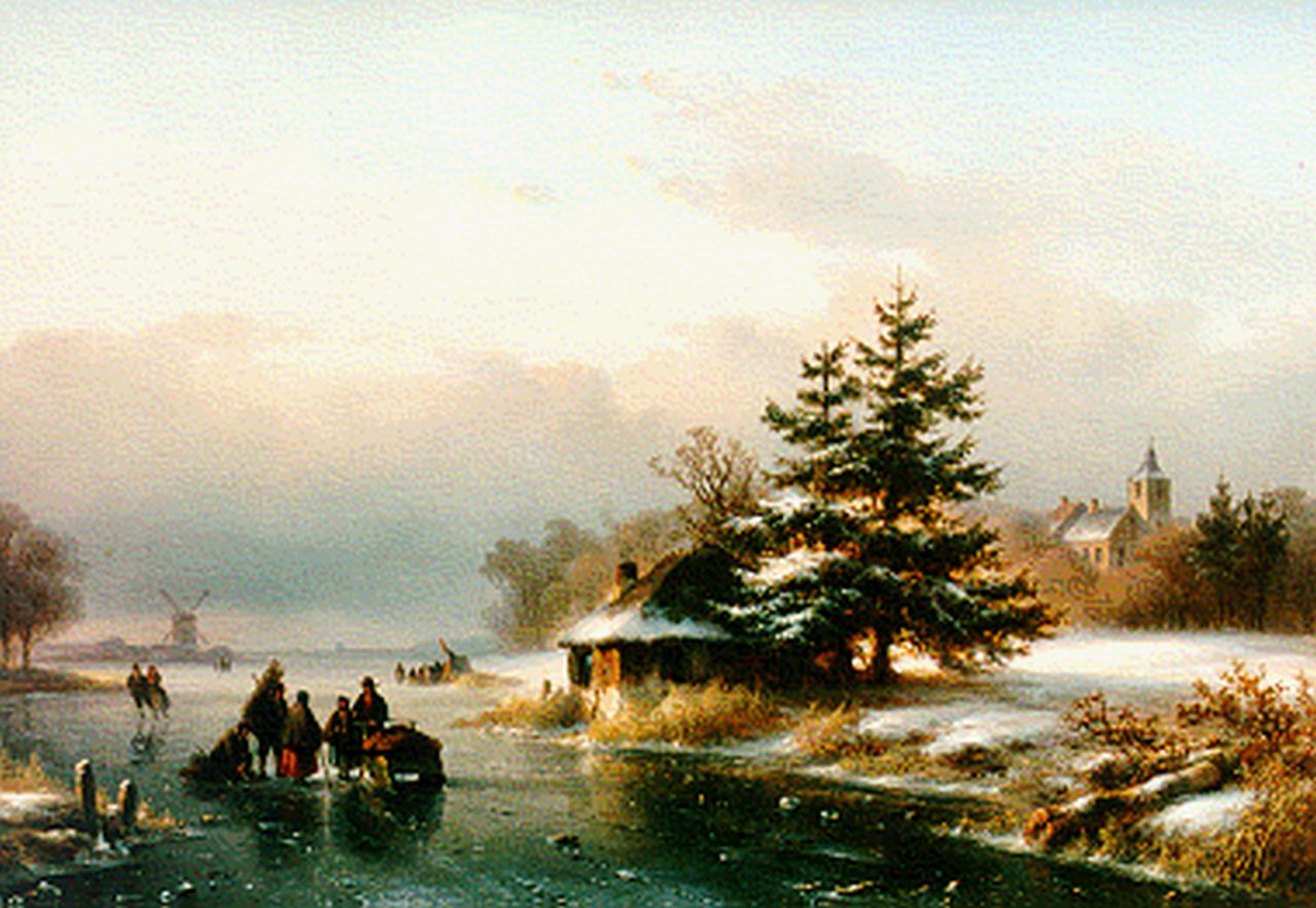 Kleijn L.J.  | Lodewijk Johannes Kleijn, Skaters on a frozen waterway, oil on panel 39.5 x 40.6 cm, signed l.r.
