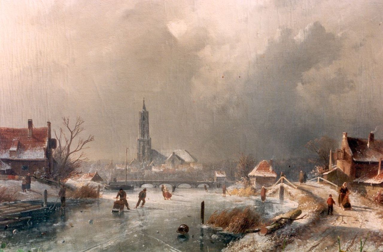 Leickert C.H.J.  | 'Charles' Henri Joseph Leickert, A winter landscape with skaters on the ice, Amersfoort in te distance, oil on canvas 44.3 x 65.6 cm, signed l.l.