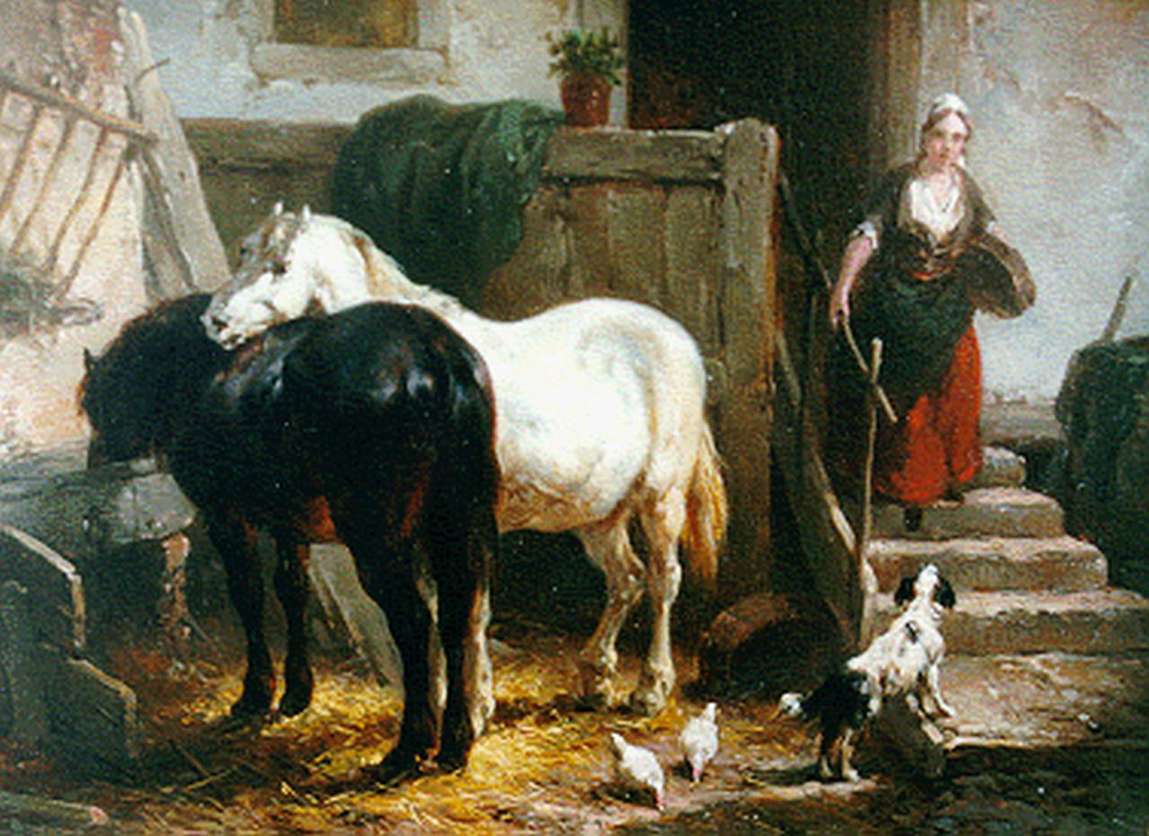 Verschuur W.  | Wouterus Verschuur, Feeding the horses, oil on panel 15.0 x 19.0 cm, signed l.l.