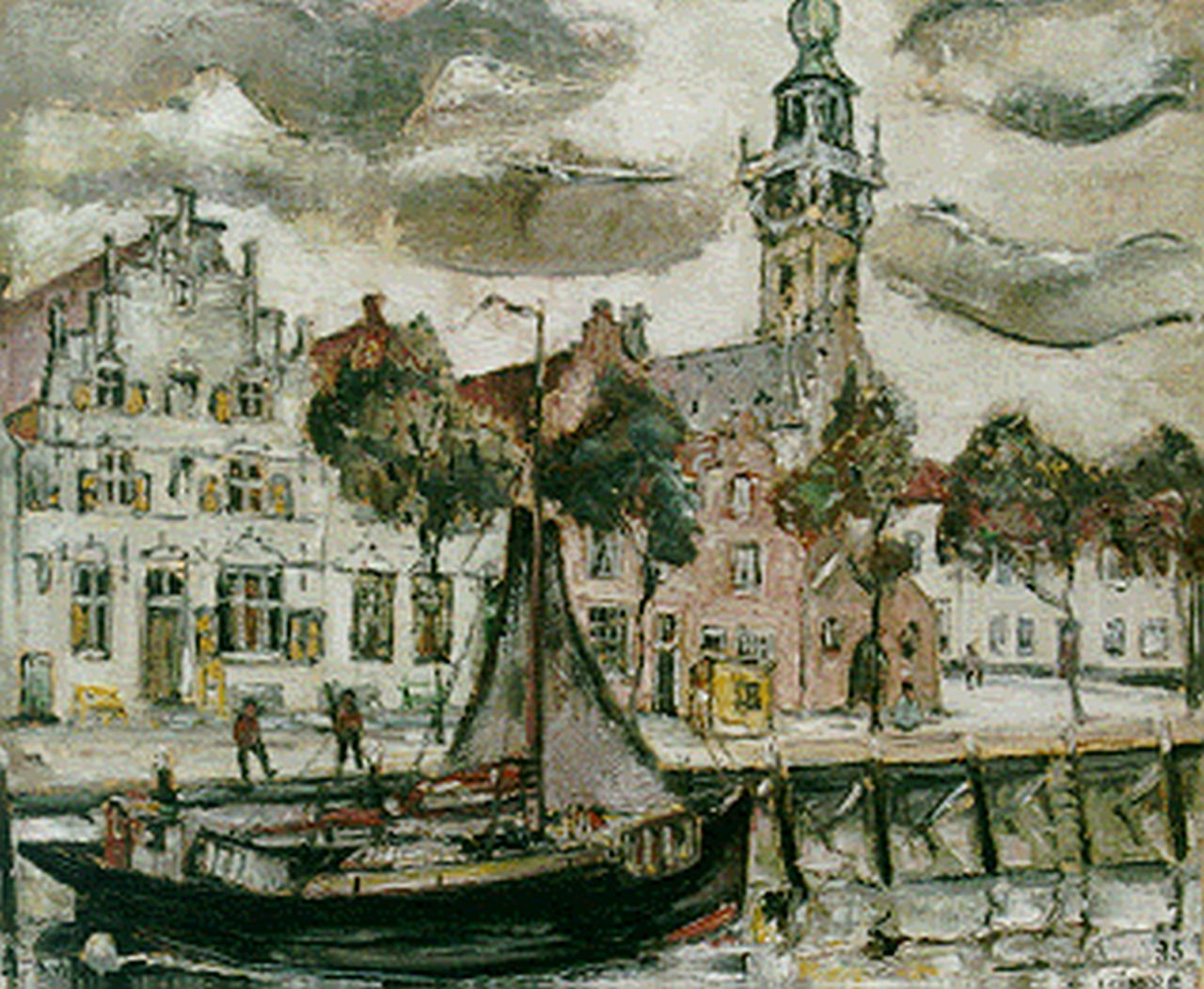 Kimpe R.J.P.  | Raymundus Josephus Petrus 'Reimond' Kimpe, A view of the harbour of Veere, oil on canvas 60.0 x 71.0 cm, signed l.r. and dated '35