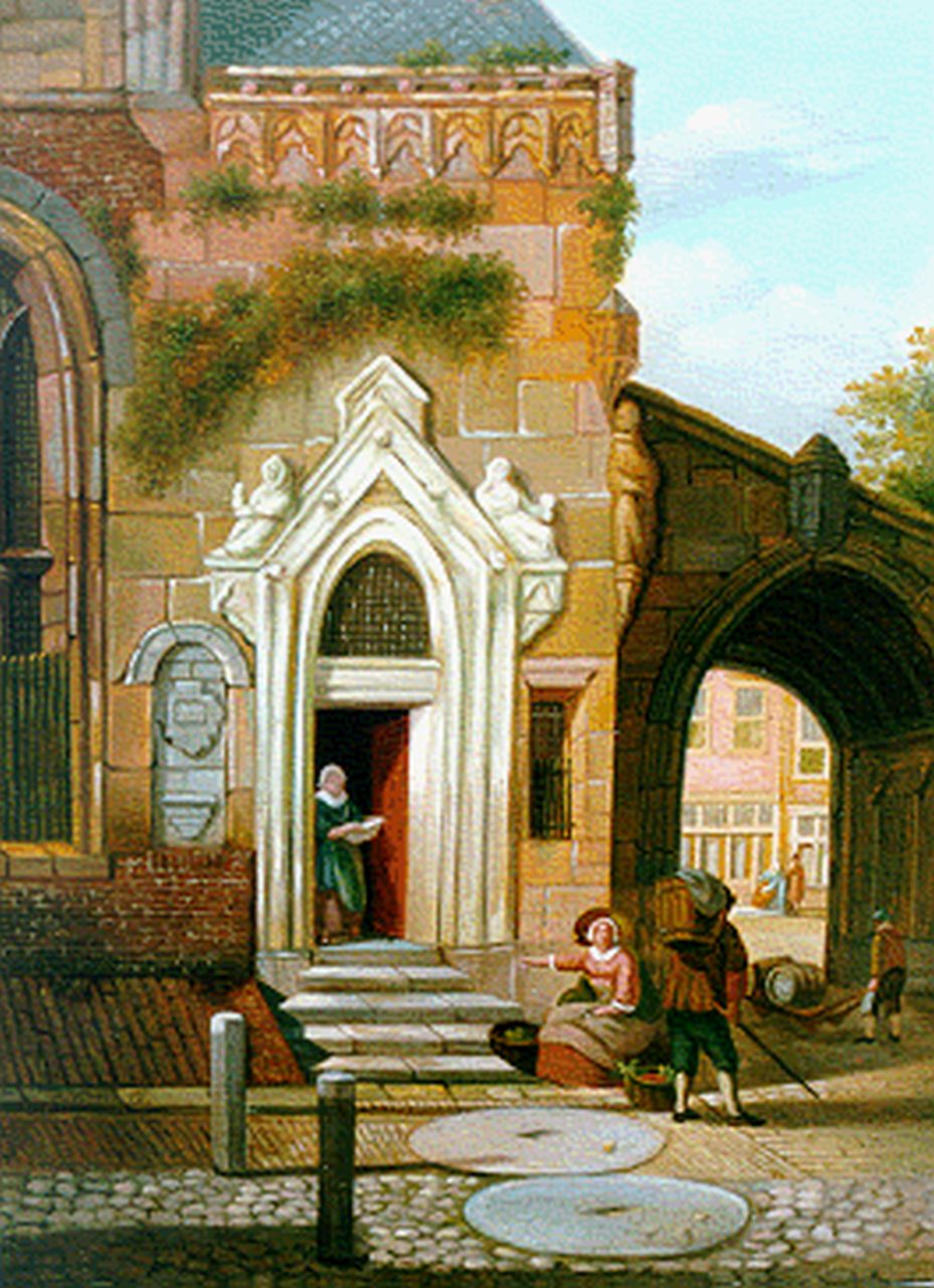 Verheijen J.H.  | Jan Hendrik Verheijen, Figures on a village square, oil on panel 19.5 x 15.4 cm, signed l.l. indistinctly