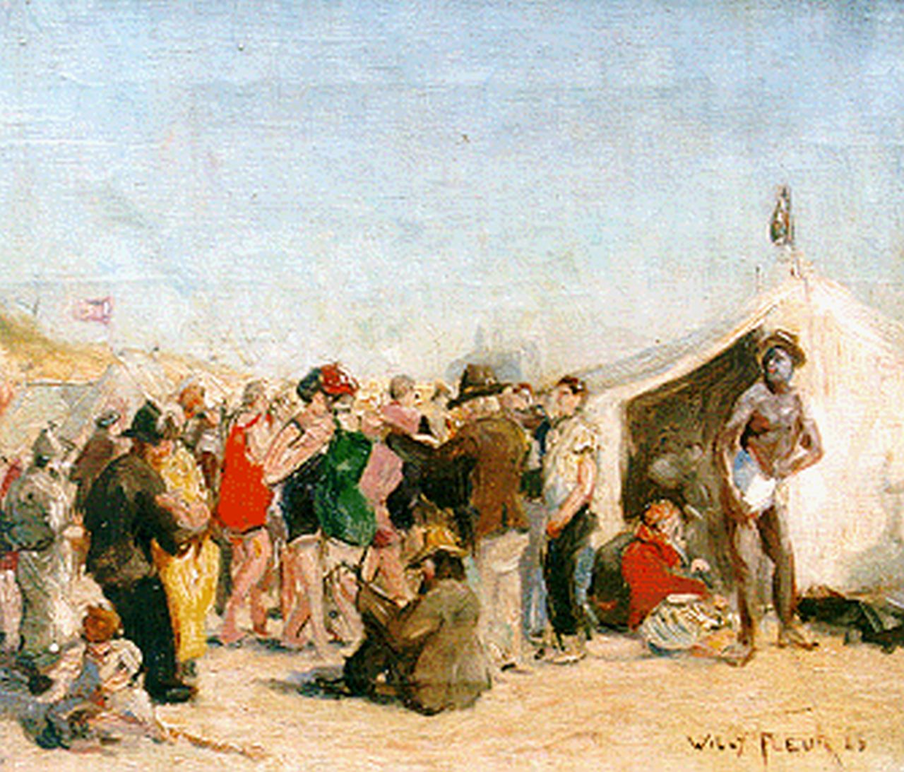 Fleur J.W.  | Johan Willem 'Willy' Fleur, Beach party, oil on canvas 30.1 x 35.2 cm, signed l.r. and dated '23