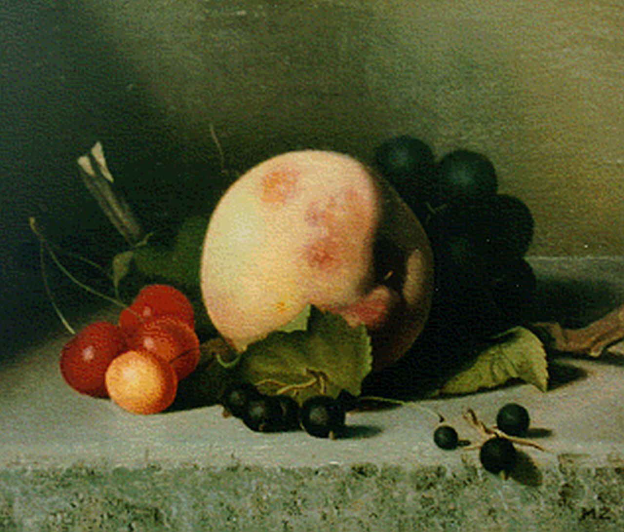 Hynckes-Zahn M.  | Marguerite Hynckes-Zahn, A still life with cherries, grapes and a peach, 21.1 x 25.0 cm, signed l.r. with initials
