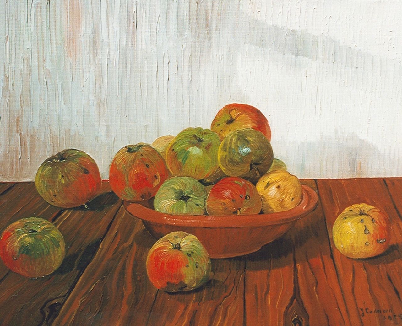 Lodeizen J.  | Johannes 'Jo' Lodeizen, Still life with apples on an oak table, oil on canvas 40.0 x 50.3 cm, signed l.r. and dated 1925