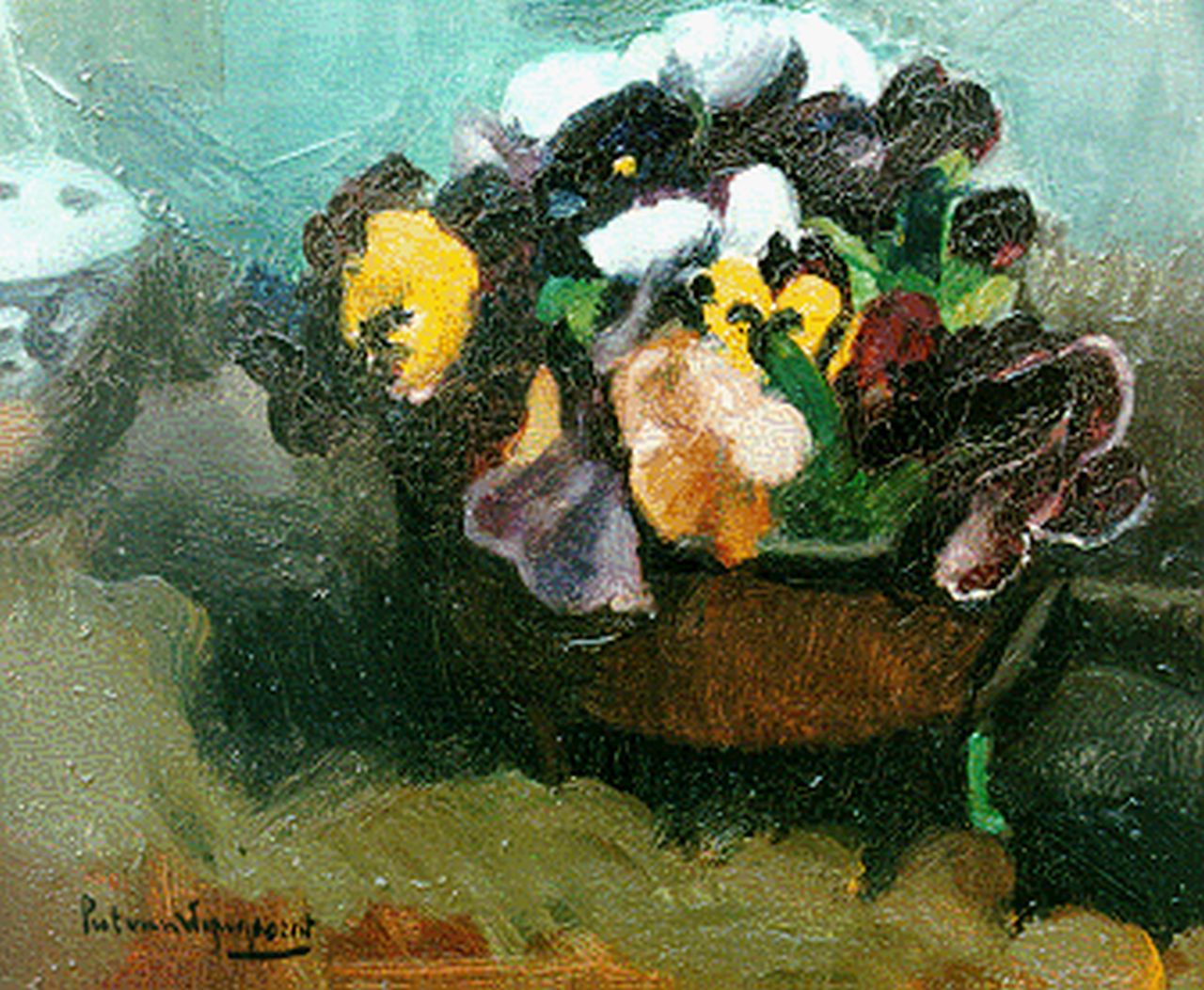 Wijngaerdt P.T. van | Petrus Theodorus 'Piet' van Wijngaerdt, Violets in a copper pot, oil on canvas 34.5 x 40.1 cm, signed l.l.