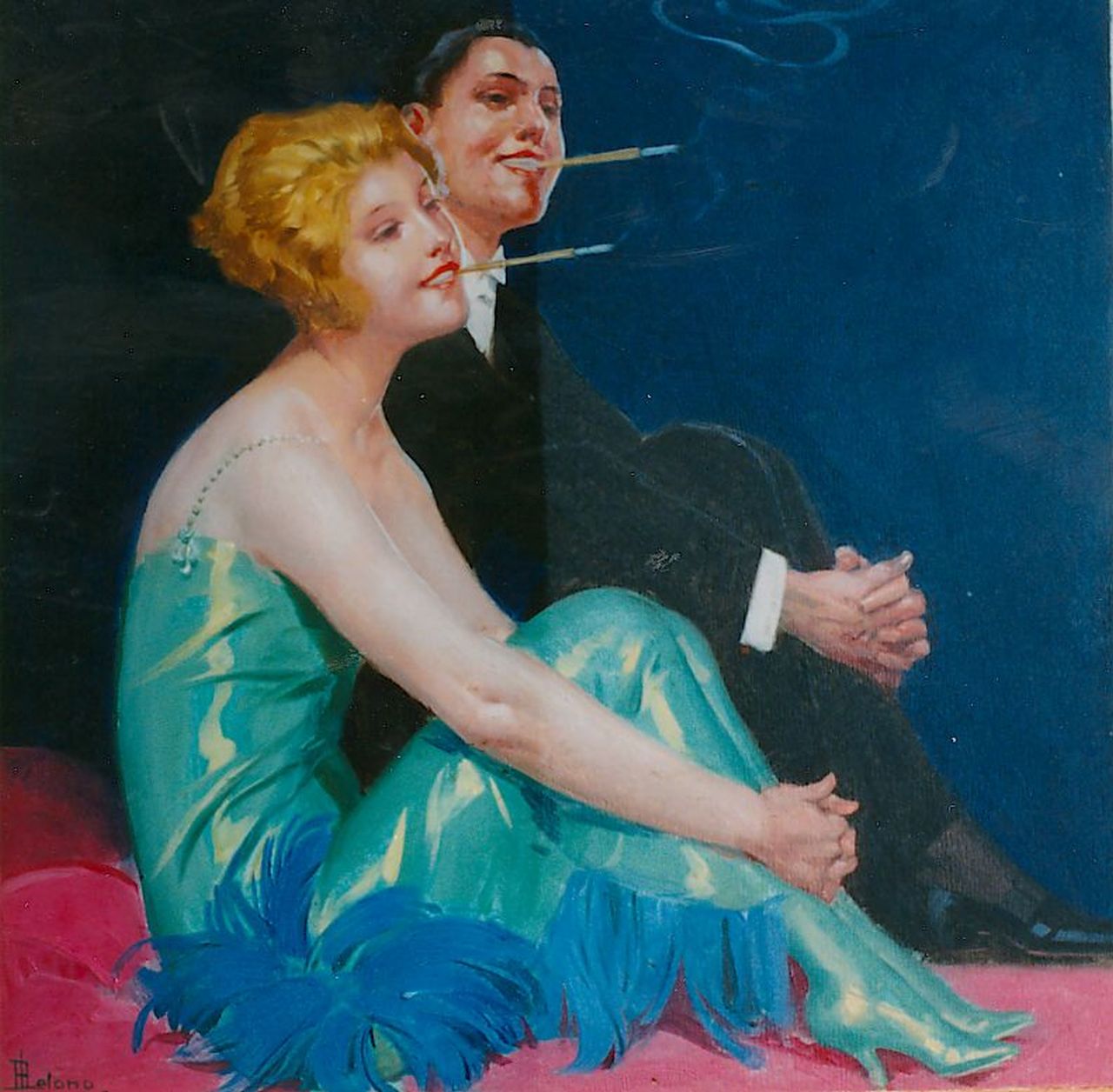 Lelong R.  | René Lelong, Smoking couple, oil on painter's cardboard 34.9 x 35.3 cm, signed l.l.