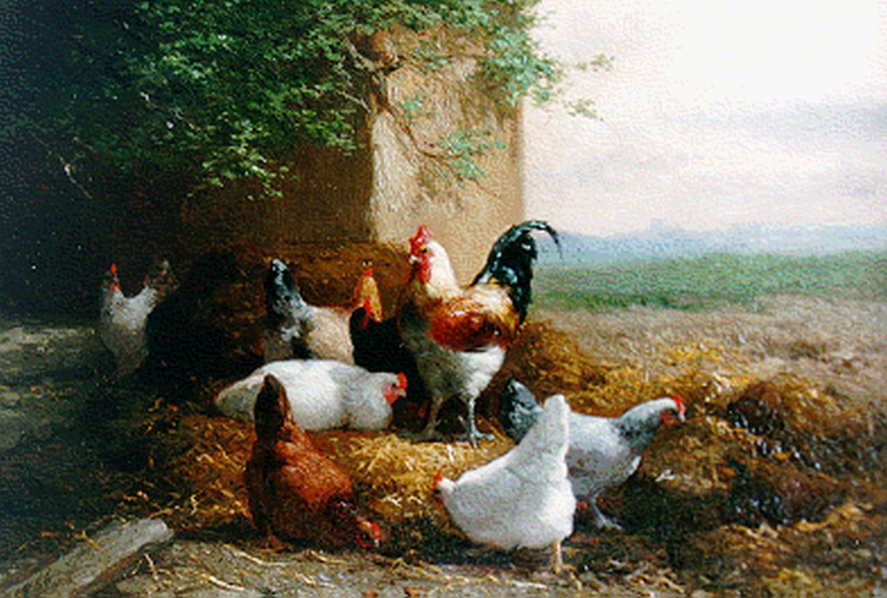 Maes E.R.  | Eugène Remy Maes, A rooster and hens, oil on panel 16.6 x 24.0 cm, signed l.r. and dated 1866 l.l.