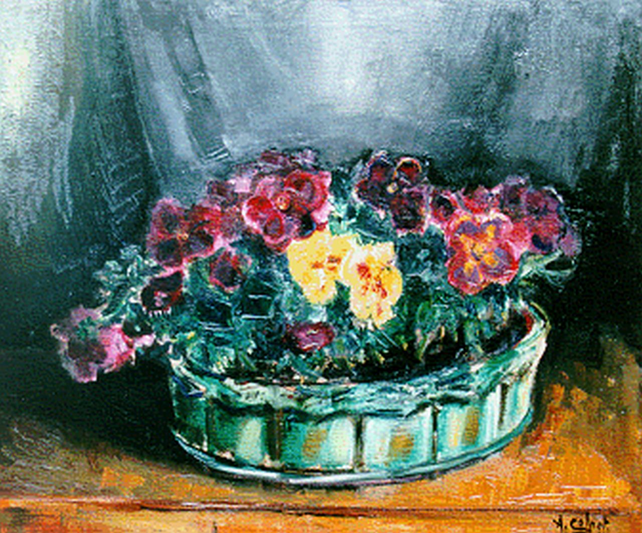Colnot A.J.G.  | 'Arnout' Jacobus Gustaaf Colnot, Violets in a green basket, oil on canvas 50.0 x 60.0 cm, signed l.r.