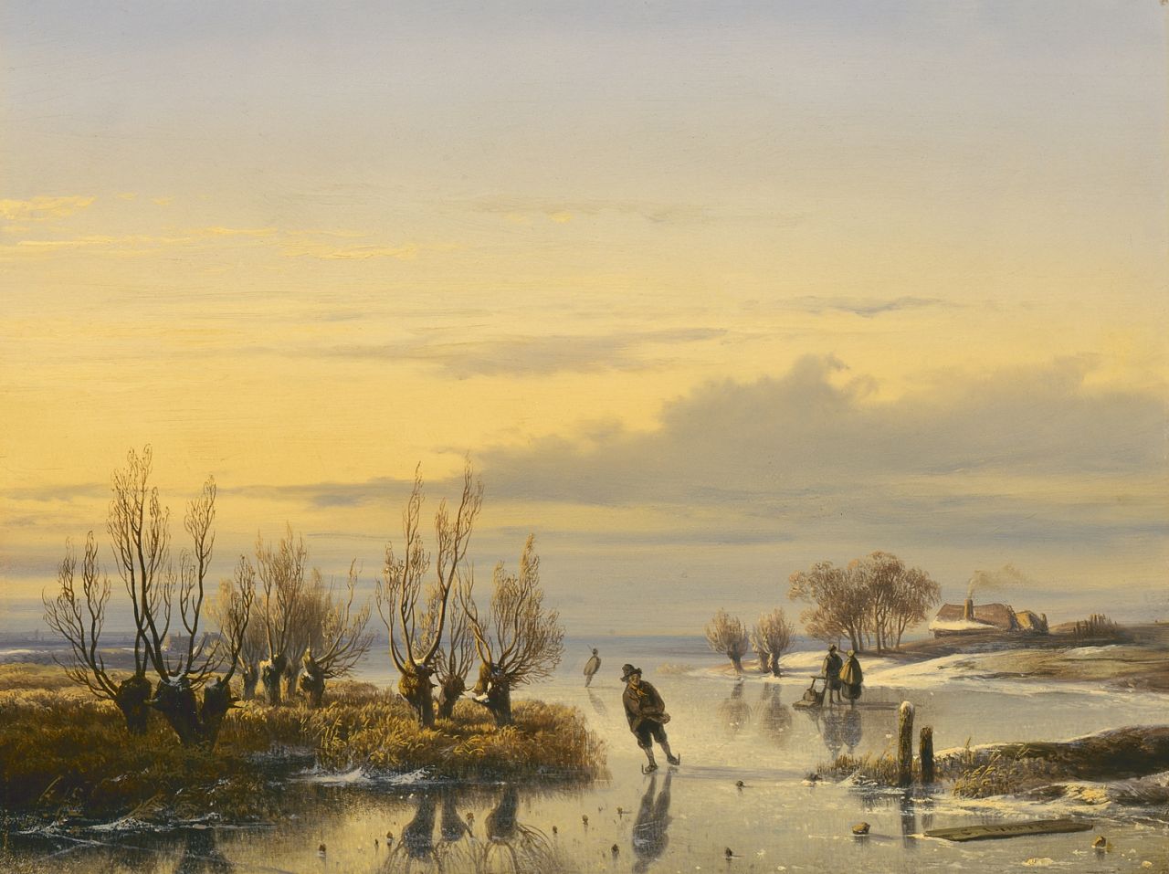Lieste C.  | Cornelis Lieste, Skaters on the ice by sunset, oil on panel 30.0 x 40.0 cm, signed l.l.