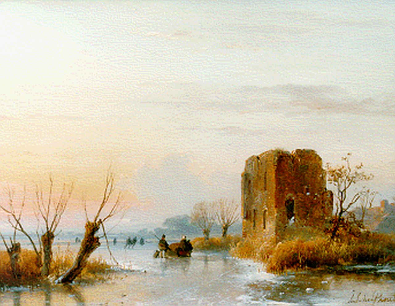 Schelfhout A.  | Andreas Schelfhout, A frozen waterway with a ruin in the distance, oil on panel 20.7 x 27.0 cm, signed l.r.