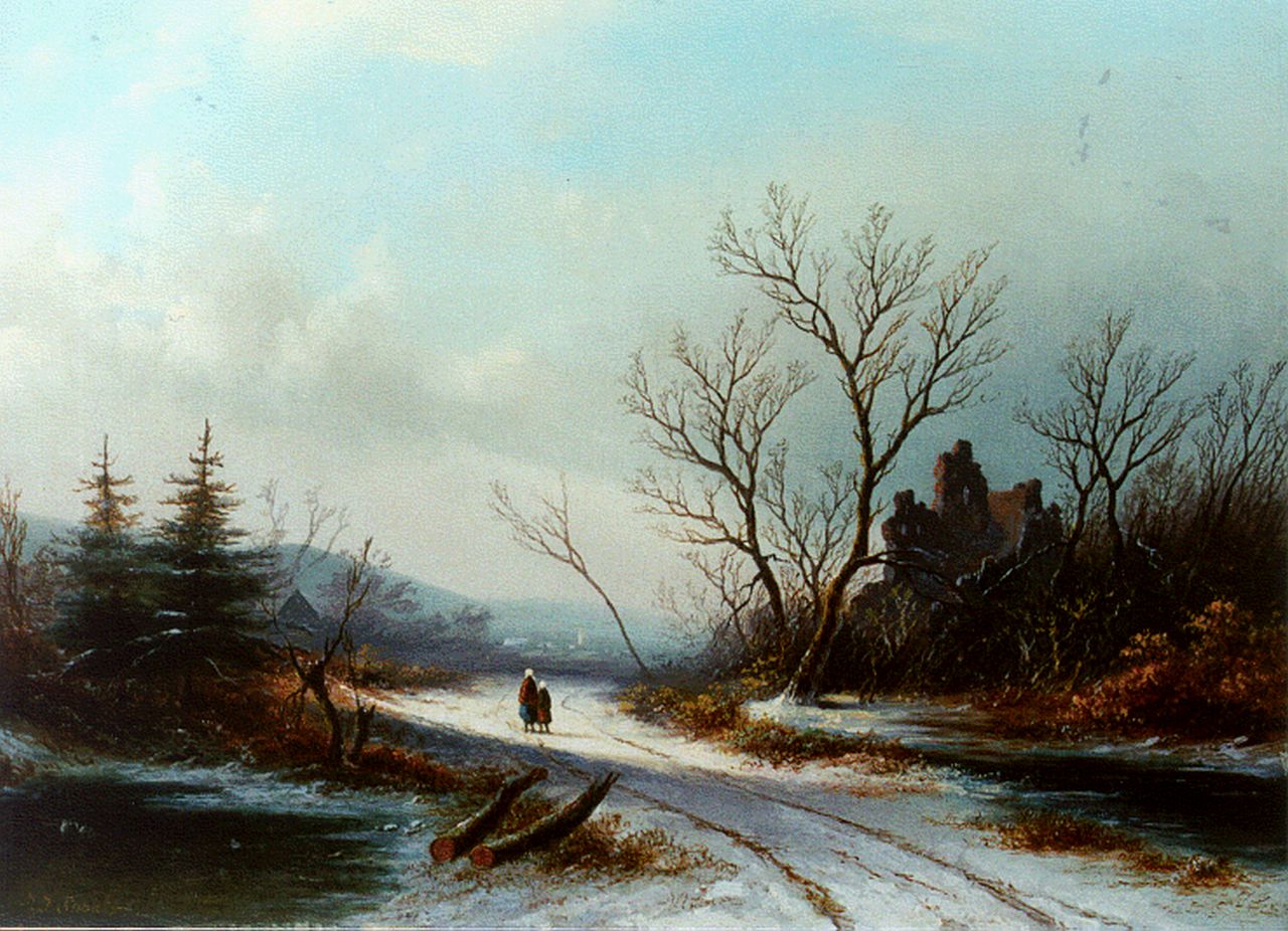Spohler J.J.  | Jan Jacob Spohler, Travellers on a path in a winter landscape, oil on canvas 36.2 x 50.2 cm, signed l.l. and painted circa 1865