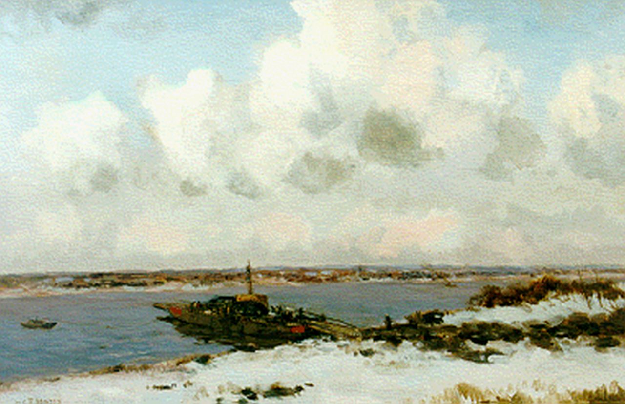Jansen W.G.F.  | 'Willem' George Frederik Jansen, A ferry in winter, oil on canvas 60.5 x 90.5 cm, signed u.l.