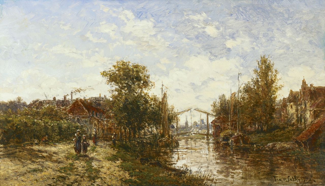 Jan van Lokhorst | A village along a waterway near Utrecht, oil on panel, 22.2 x 38.0 cm, signed l.r. and on the reverse and dated 1885